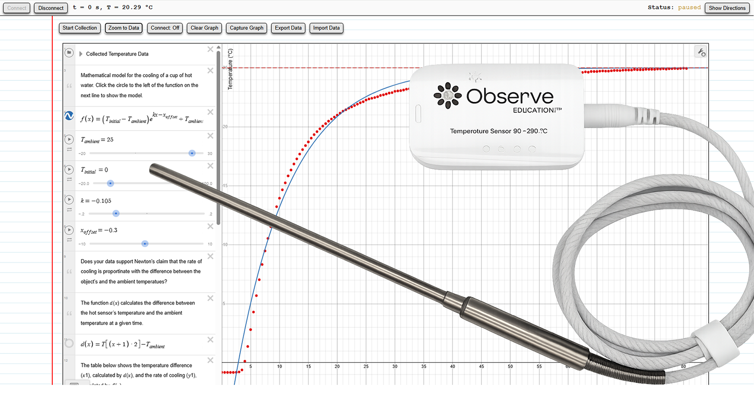Temperature sensor streaming live data into the Desmos Graphing Calculator